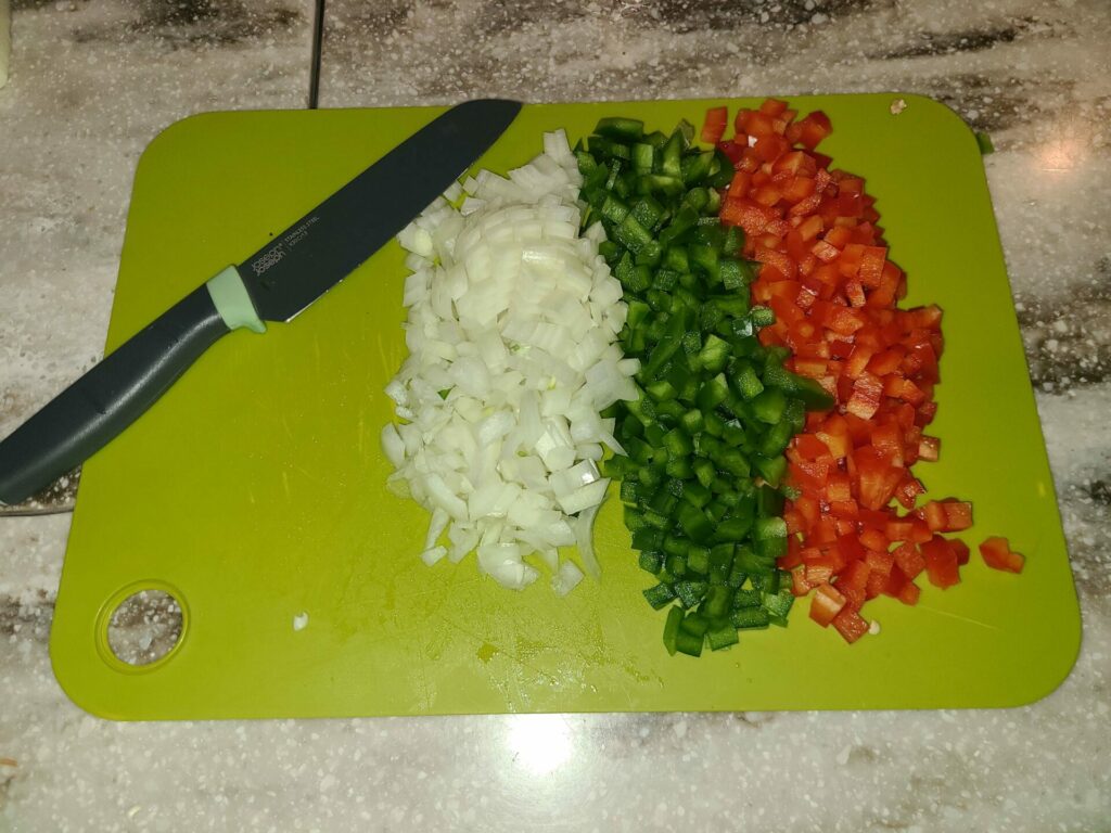 Diced Onions and Peppers for Pizza on the Blackstone Griddle
