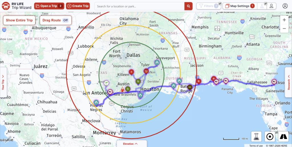 2026 Trip Map with Radius