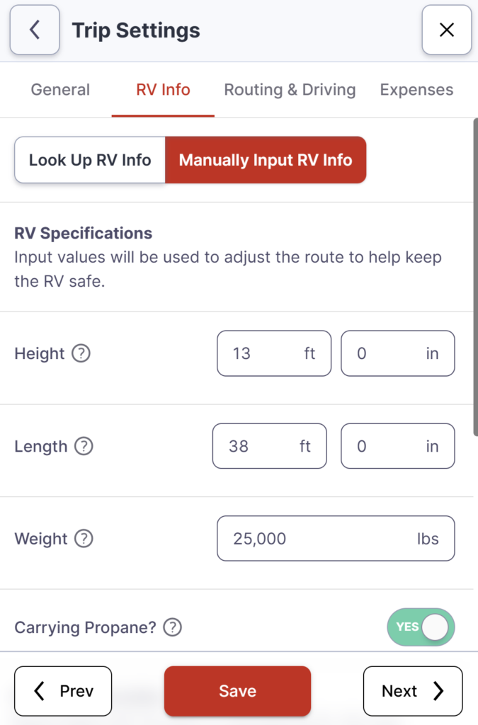RV Life Pro Trip Settings