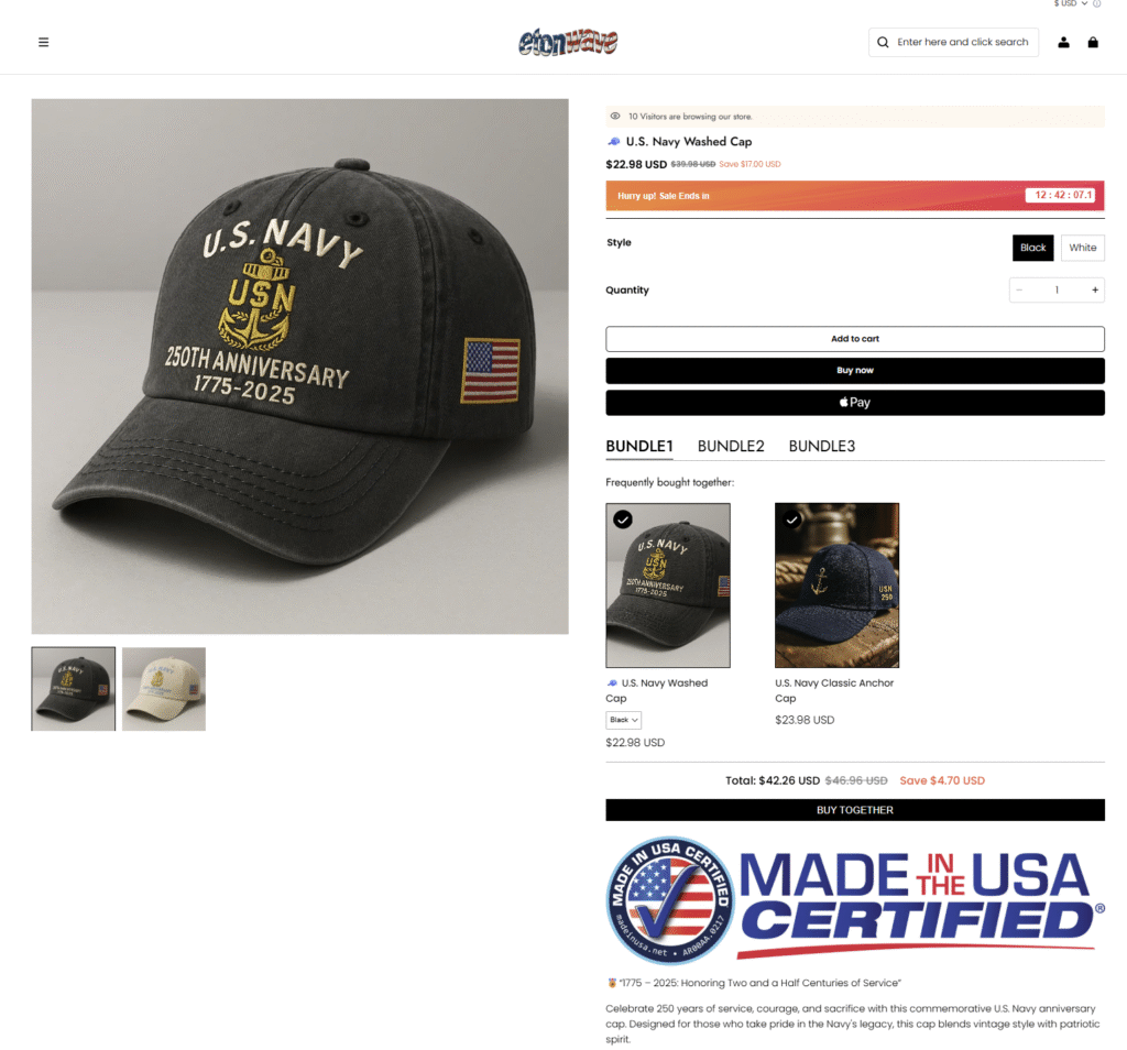 Etonwave website promoting Made in the USA Certified Hats.