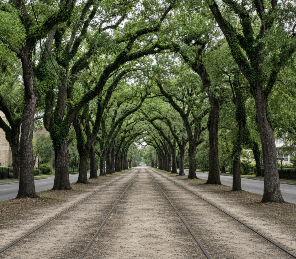Historic St. Charles streetcar tracks under the live oaks near Walnut Street