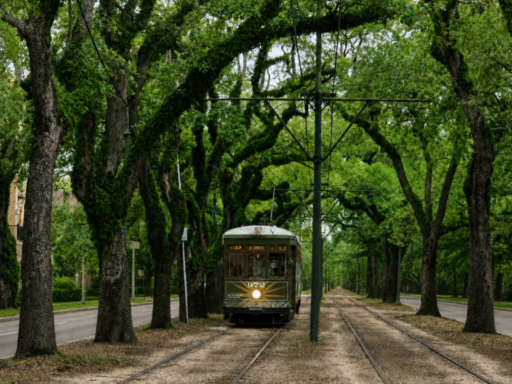 Historic St. Charles streetcar beneath the live oaks near Walnut Street