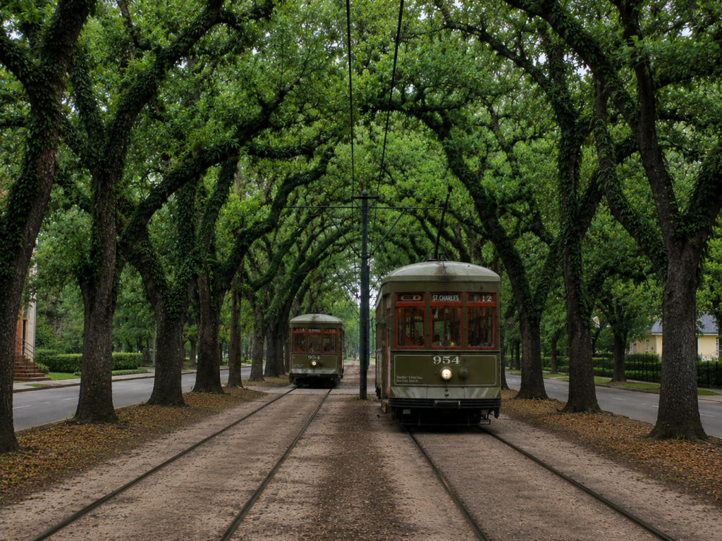 Two Historic St. Charles streetcars beneath the live oaks near Walnut Street
