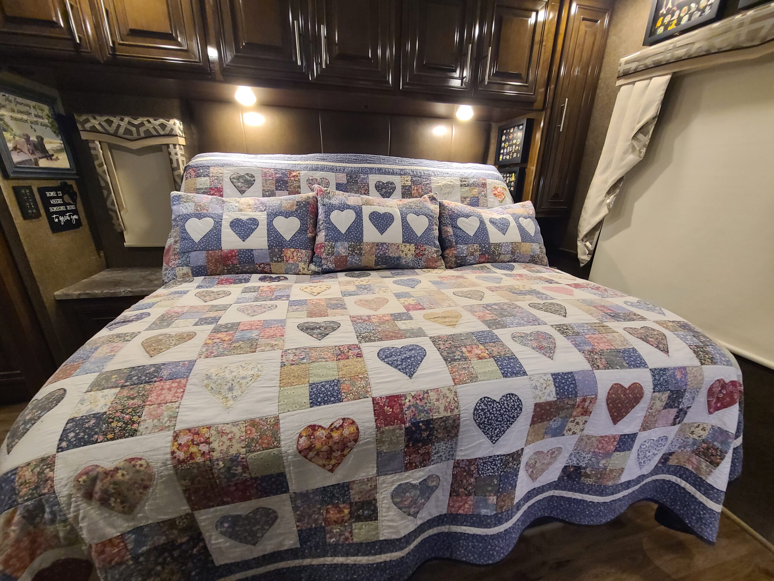 Our bed in our Thor Challenger motorhome with a Wilderness Montana Hybrid RV mattress
